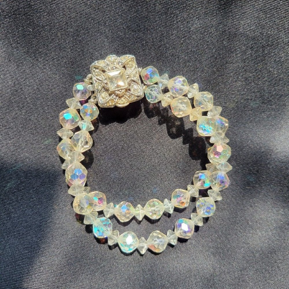 Vintage Art Deco Double Strand Crystal Ab Bracelet With Ornate Clasp
